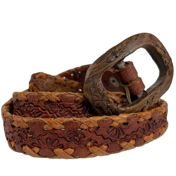 Unique Wooden Buckled Hand-carved Hand-Tooled Genuine Leather Western Braid Belt - Picture 6 of 13